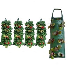 a green bag with flowers and plants hanging from it's sides next to a set of five plastic bags