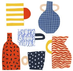 an image of various shapes and sizes of vases on a white background with black dots