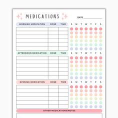 the printable medication log is shown in pink and blue, with stars on it