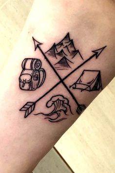 a person with a tattoo on their arm and some camping related items in the background