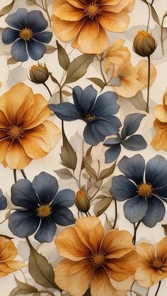 an image of flowers painted on the side of a white wall with blue and yellow petals