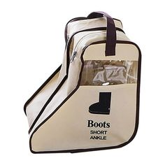 a white and black bag with the words boots on it