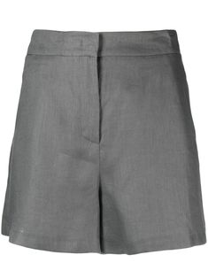 ash grey linen/flax tailored design high-waisted concealed front fastening two side inset pockets two rear welt pockets Conscious: This item contains at least 50% low-impact materials, which are certified or widely recognised as having a lower environmental impact. Grey Short Dress, Light Grey Dress, Yoko London, Tailored Shorts, Tailored Design, Exclusive Fashion, Gray Linen, Airport Style, Ash Grey