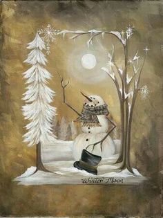 a painting of a snowman with a hat and boots in front of some trees