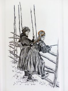 a drawing of two people on a fence