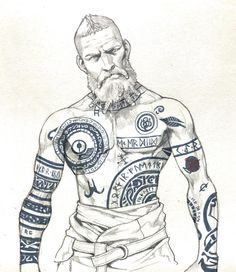 a drawing of a man with tattoos on his chest and arms, standing in front of a white background