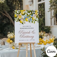 an easel with a sign that says welcome to the bride and groom