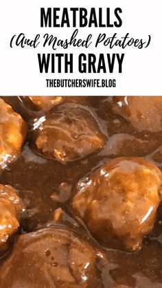 meatballs and mashed potatoes with gravy in a white bowl