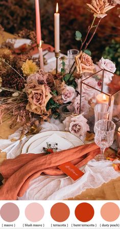 the table is set with candles and flowers