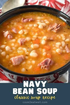 a bowl of soup with ham and beans in it