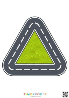 a road with a green triangle in the middle and an arrow at the top on it