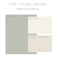 the living house color palette with white and gray paint swatches, including two different shades