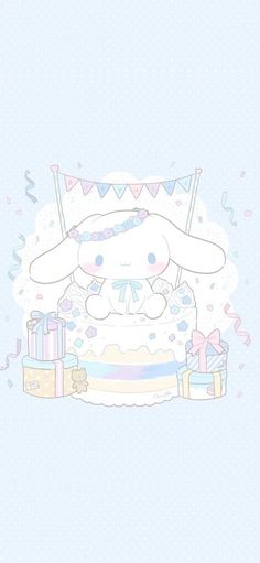 a drawing of a bunny sitting on top of a birthday cake with presents around it