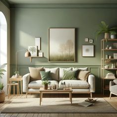 a living room with green walls and white furniture, including a couch, chair, coffee table, bookshelf and potted plants