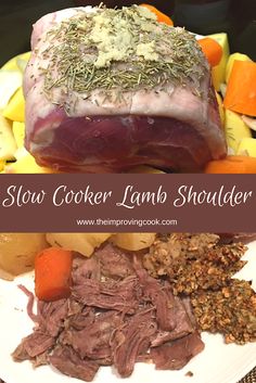 slow cooker lamb shoulder on a plate with carrots and potatoes