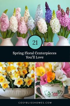 Featuring 21 beautiful floral centerpiece ideas for spring, this pin showcases stunning ideas with hyacinths, daffodils and freesias. It uses three captivating images of elegant spring flower arrangements perfect for floral decoration. Floral Centerpiece, Centerpiece Ideas, Floral Centerpieces, Spring Floral, Amazing Flowers