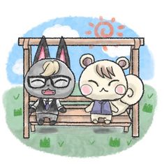 two cartoon characters sitting on a bench with one holding the other's head and looking at each other