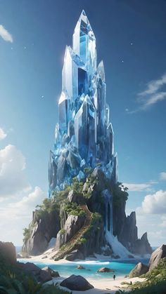 an artist's rendering of a crystal mountain in the middle of a body of water