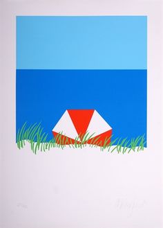 an image of a red and white umbrella in the grass by the ocean on a blue sky day