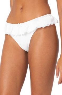 Lace trim enlivens these ruffled bikini bottoms that will add timeless charm to your poolside looks. Cheeky back coverage 95% polyester, 5% spandex Machine wash, dry flat Imported Fitted Ruffle Swim Bottoms For Pool, Beachwear Bottoms With Ruffles For Beach Season, Fitted Ruffled Bottoms For Pool, Ruffled Tie-side Swimwear Bottoms, Poolside Ruffled Tie-side Bottoms, Ruffled Tie-side Bottoms For Poolside, Summer Poolside Ruffled Bottoms, Beachwear Ruffled Bottoms For Beach, Lace Trim Brief Bottoms For Beach