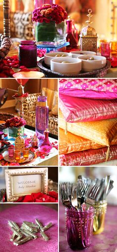 various pictures of different items on a table with pink and gold colors, such as silverware