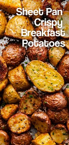 A close up overhead view of crispy breakfast potatoes on a sheet pan. Potato Seasoning, Crispy Breakfast Potatoes, Favorite Breakfast Recipes, Homemade Waffles, Baked Bacon, Breakfast Potatoes