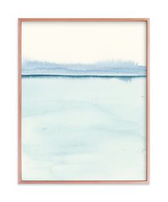 a watercolor painting with blue and white colors on the ocean, framed in wood frame