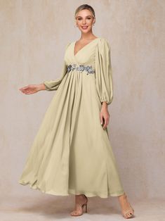 Long Sleeves V Neck Ankle Length Chiffon Wedding Guest Dresses Wedding Guest Dresses Long, Timeless Dress, Lace Neckline, Dress Purchase, Chiffon Fabric, Ankle Length, Different Fabrics, Mother Of The Bride Dresses, Guest Dresses