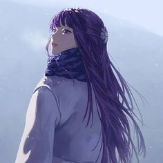 a woman with long purple hair standing in the snow