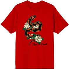 Show off your love of nature and your boho style with this awesome tee! This vibrant shirt showcases original artwork of a snake coiled around colorful flowers. This comfy shirt is made of premium cotton, and is professionally printed to ensure long-lasting color and print quality. It can be machine washed in cold water with like colors, and tumble dried on low for easy and convenient care. The Celestial Tropics Snake And Flowers Men's Red T-Shirt makes a cool and comfortable addition to any nat Bohemian Red Cotton T-shirt, Red Bohemian T-shirt For Spring, Red Bohemian Cotton T-shirt, Red Tees, Snake And Flowers, Red Tee, Comfy Shirts, Red Tshirt, Cool Tees