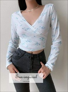 Women White Wrap front Blue Floral Print Long Sleeved Blouse Waffle Crop top with Tie Hem Full Sleeve Crop Top, Full Sleeves Top, Full Sleeve Top, Blue Florals, Black Floral Print, Sleeves Top, Blue Floral Print, Korea Fashion