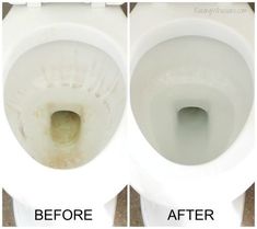 before and after pictures of a white toilet with dirty water in the bowl, showing how to clean it