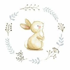 a watercolor drawing of a bunny sitting in the middle of a circle with leaves around it