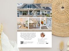 an open house brochure is displayed next to a wicker basket and flowers