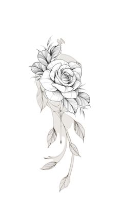 a drawing of a rose with leaves on it