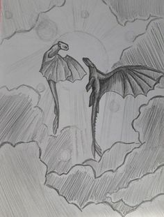 a pencil drawing of two birds flying in the sky with clouds and sun behind them