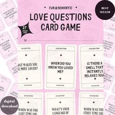 the love questions card game is shown in pink and white with black lettering on it