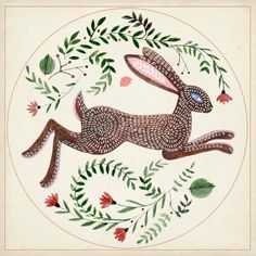 a drawing of a rabbit with flowers and leaves on it's back legs, in the center of a circle