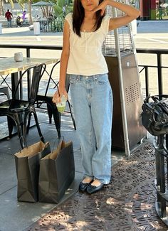 matcha latte girl shopping cute girl summer outfits inspiration brandy odette top low waist blue jeans black bow coquette flats aesthetic ballerina flat shoes girl shopping aesthetic Girl Shopping Aesthetic, Flats Aesthetic, Black Flats Outfit, Aesthetic Ballerina, Brandy Outfits, Matcha Girl, Outfits Asian