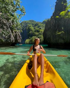 Girl kayaking in a deep turquoise lagoon. The colour of the kayak stands out against the water and sky. It’s very sunny Philippines Vacation, Gap Year Travel, Voyage Bali, Thailand Photos, Backpacking Asia, Southeast Asia Travel, Philippines Travel, Gap Year, Bali Travel