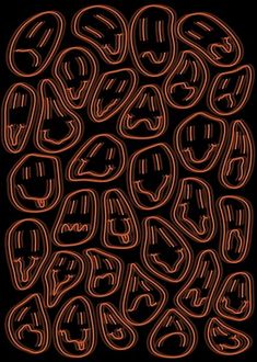 an orange and black abstract design with lots of smaller shapes in the center, on a black background