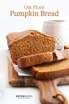 two slices of pumpkin bread on a cutting board