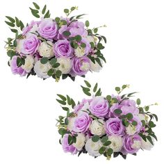 two purple and white bouquets with greenery on each one are shown in three different angles