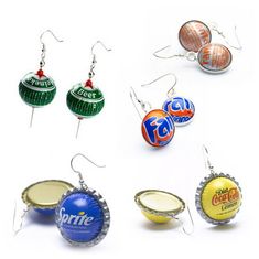 six different bottle caps are hanging from earrings