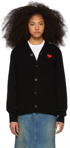 Comme des Garçons Play: Black & Red Men's Fit Heart Cardigan | SSENSE Knit Cardigan Outfit, Heart Cardigan, Comme Des Garcons Play, Cardigan Outfits, Men Fits, Black Rib, Wool Cardigan, Neck Collar, Comme Des Garcons