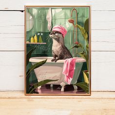 an animal with a pink hat is sitting in a bathtub and holding a towel