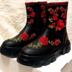 New Never Worn, Farm Rio Embroidered Boots Size 9. Embroidered Closed Toe Boots For Fall, Fall Floral Embroidered Boots With Round Toe, Floral Embroidery Round Toe Boots For Fall, Fall Floral Embroidered Round Toe Boots, Fall Floral Embroidery Round Toe Boots, Embroidered Closed Toe Winter Boots, Black Floral Embroidery Boots For Fall, Black Embroidered Boots With Round Toe, Spring Leather Boots With Floral Embroidery