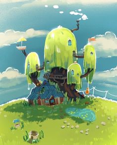 an illustration of a tree house in the middle of a green field with trees on it