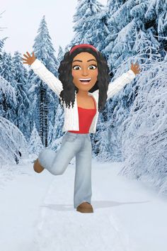 a cartoon girl is running through the snow in front of trees and bushes with her arms outstretched