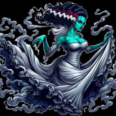 a woman in a white dress with blue hair and green eyes is dancing on waves